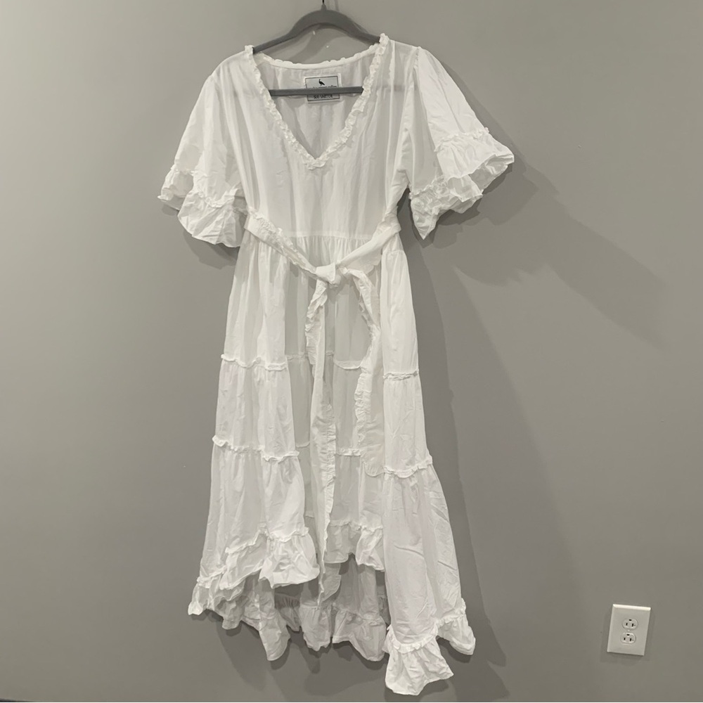 Sue Sartor x Cynthia Cazort Collins Dress High Low Midi Ruffle Tiered in White - Picture 3 of 8